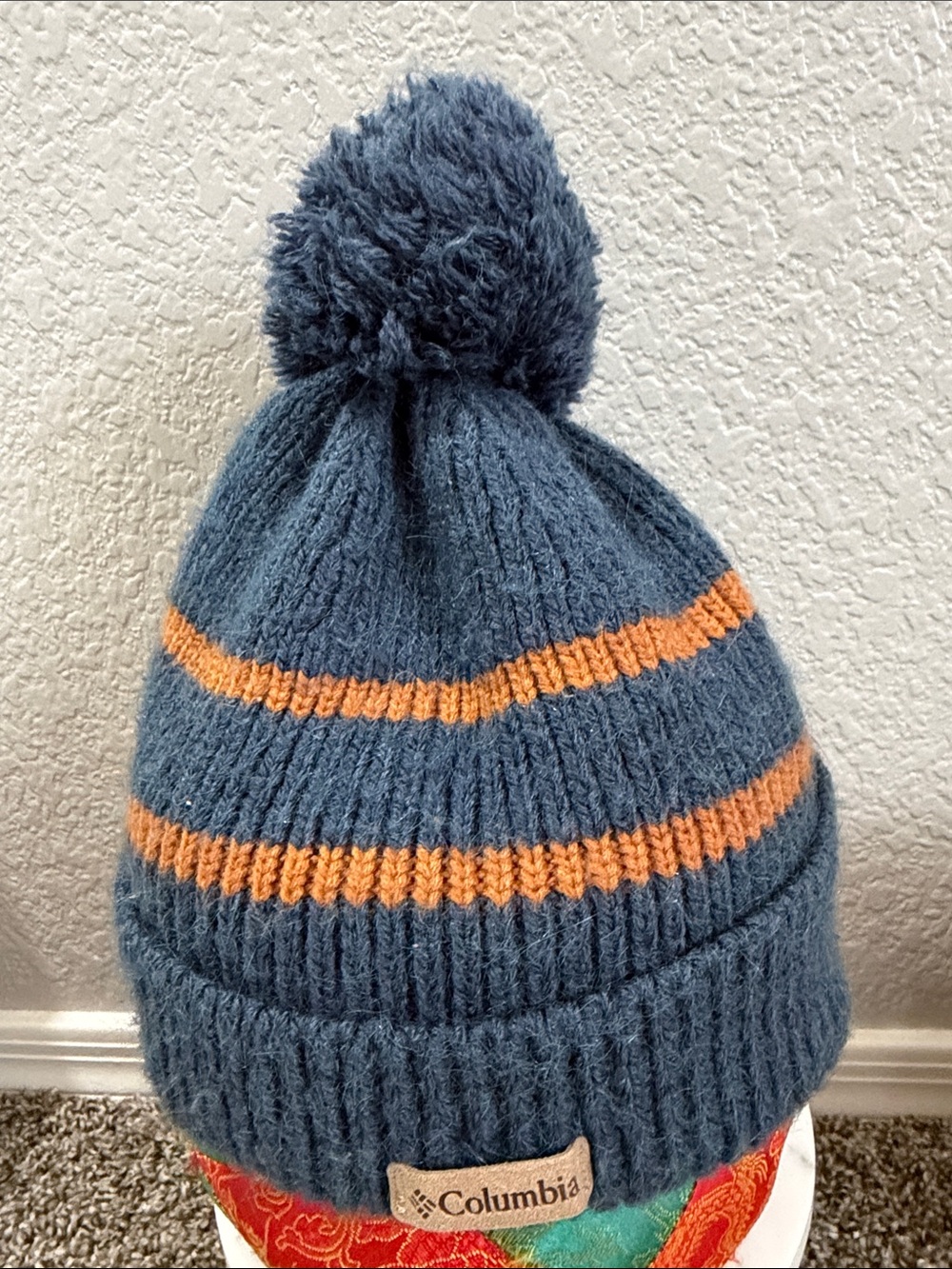 Columbia Kids Blue Beanie with Orange Stripes and Pom